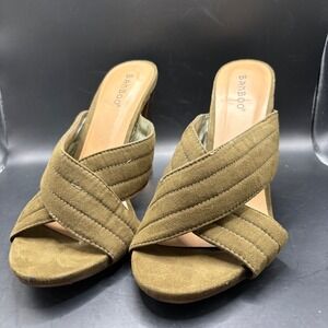 Bamboo Olive Green Mules Gold Block‎ Heel Criss Cross Strap Sandals size 10/40